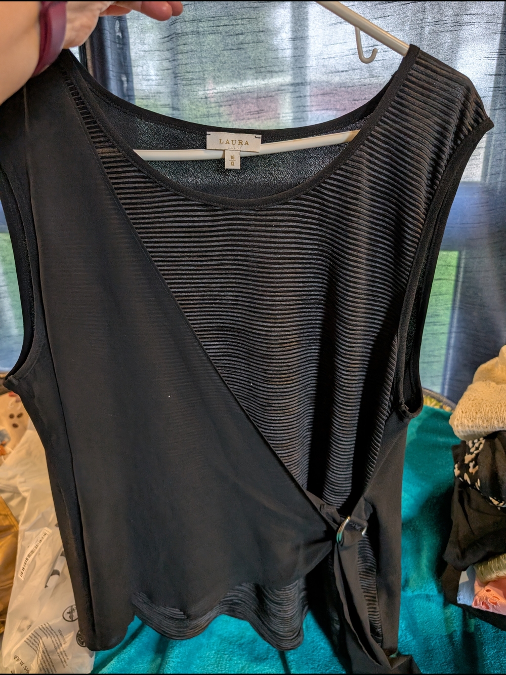 Laura Black Sleeveless Wrap-Front Tank with Ribbed Panel